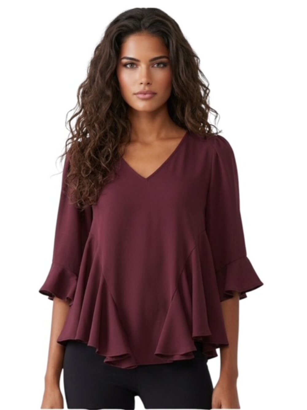 Drew Anthropologie XS Burgundy V Neck Bell Sleeve Dillone Top
